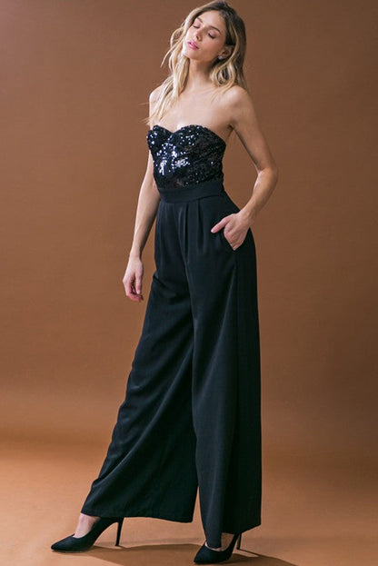 Black Sequin Tube Top Floor Length Wide Leg Jumpsuit