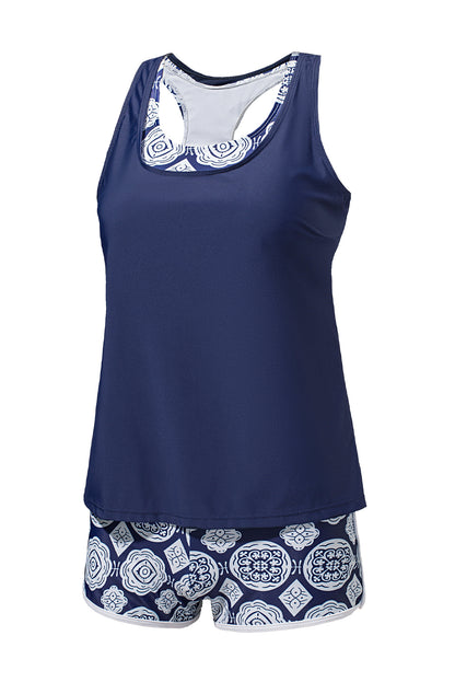 Dark Blue 3pcs Beach Sporty Racerback Tankini Swimsuit