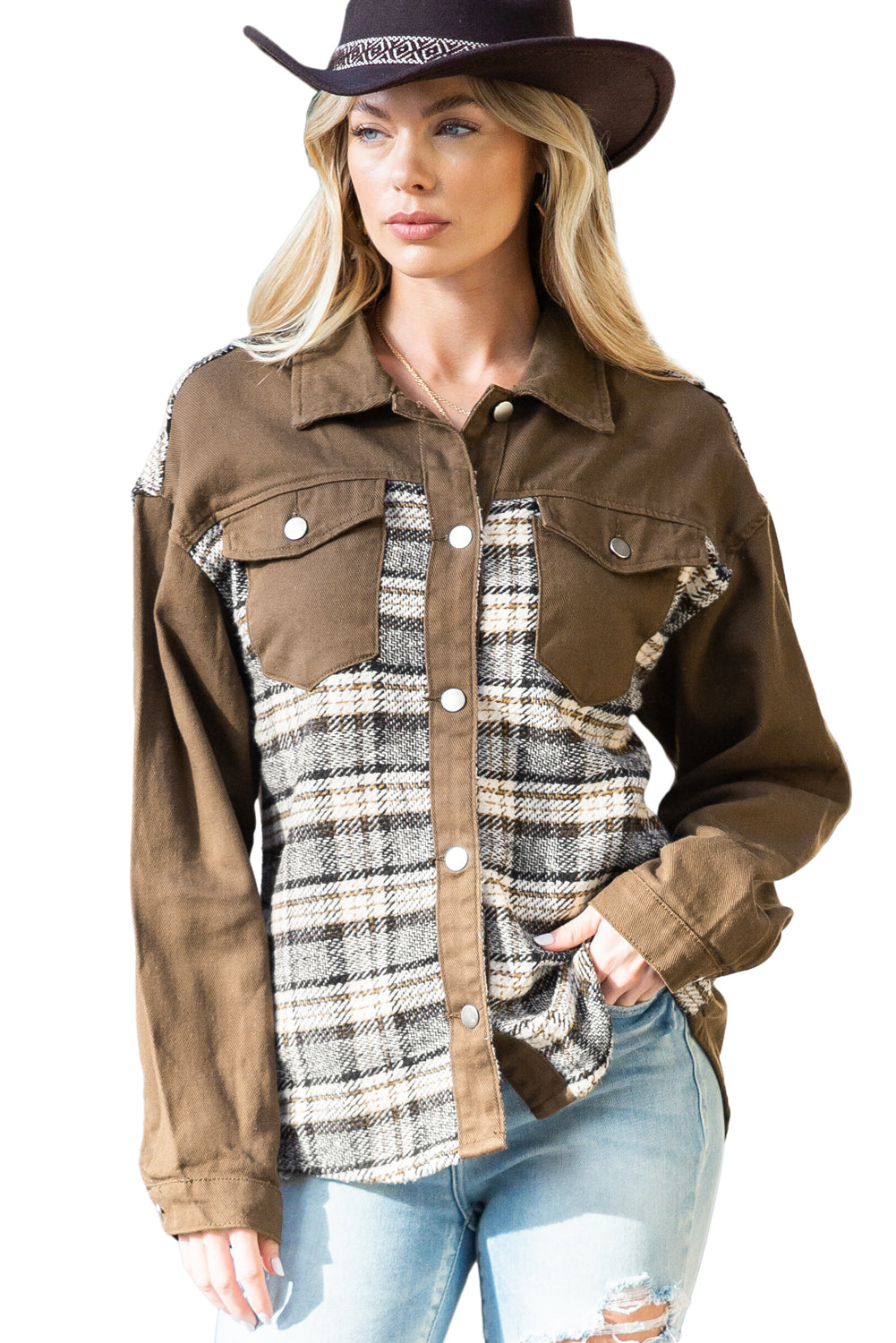 Sky Blue Plaid Patchwork Pockets Denim Jacket