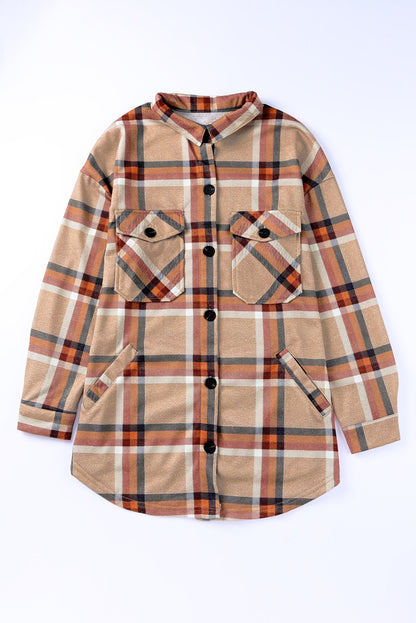 Khaki Plaid Casual Pockets Buttoned Shacket