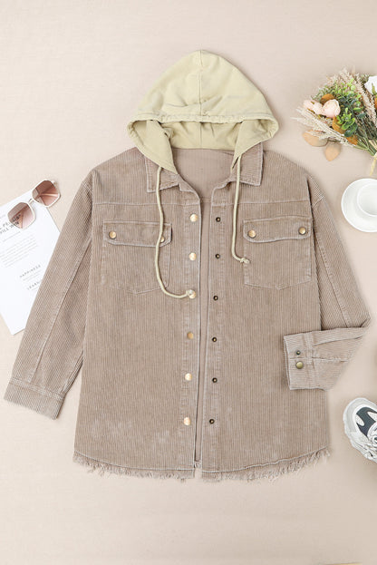 Khaki Patchwork Raw Hem Hooded Corduroy Jacket