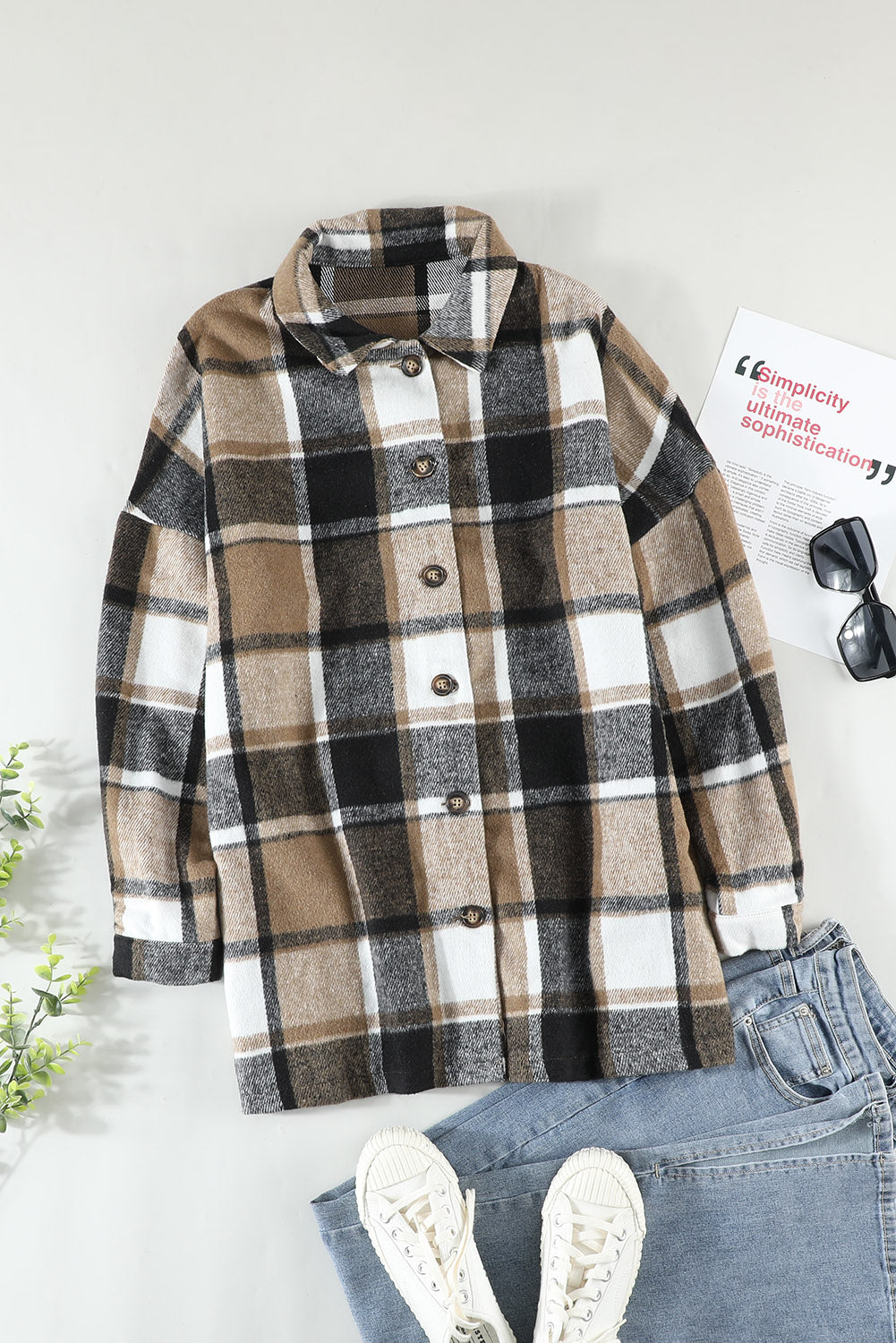 Wholesale Brown Plaid Button Up Long Sleeve Flannel Shacket