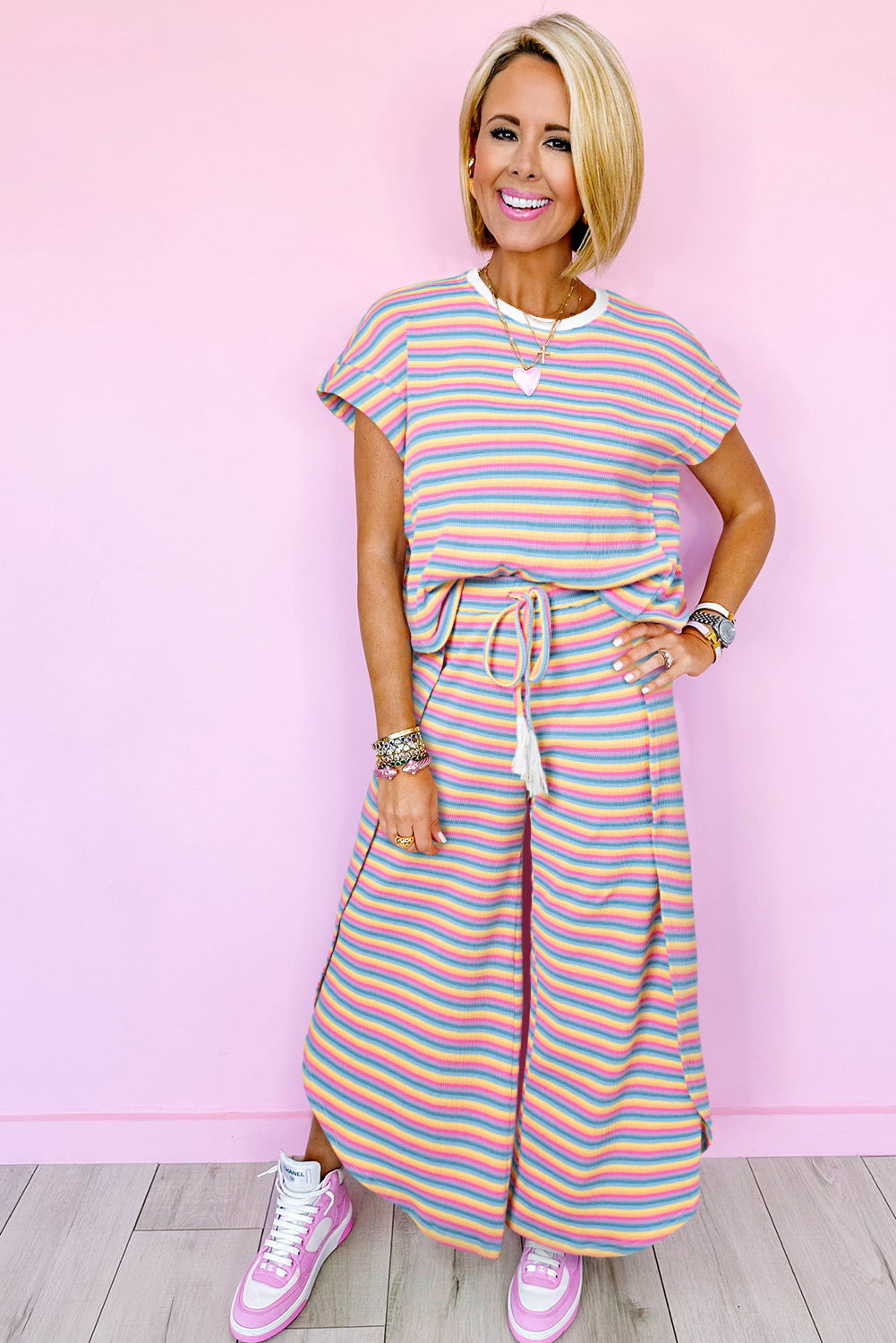 Yellow Stripe Rainbow Tee and Tassel Drawstring Wide Leg Pants Set