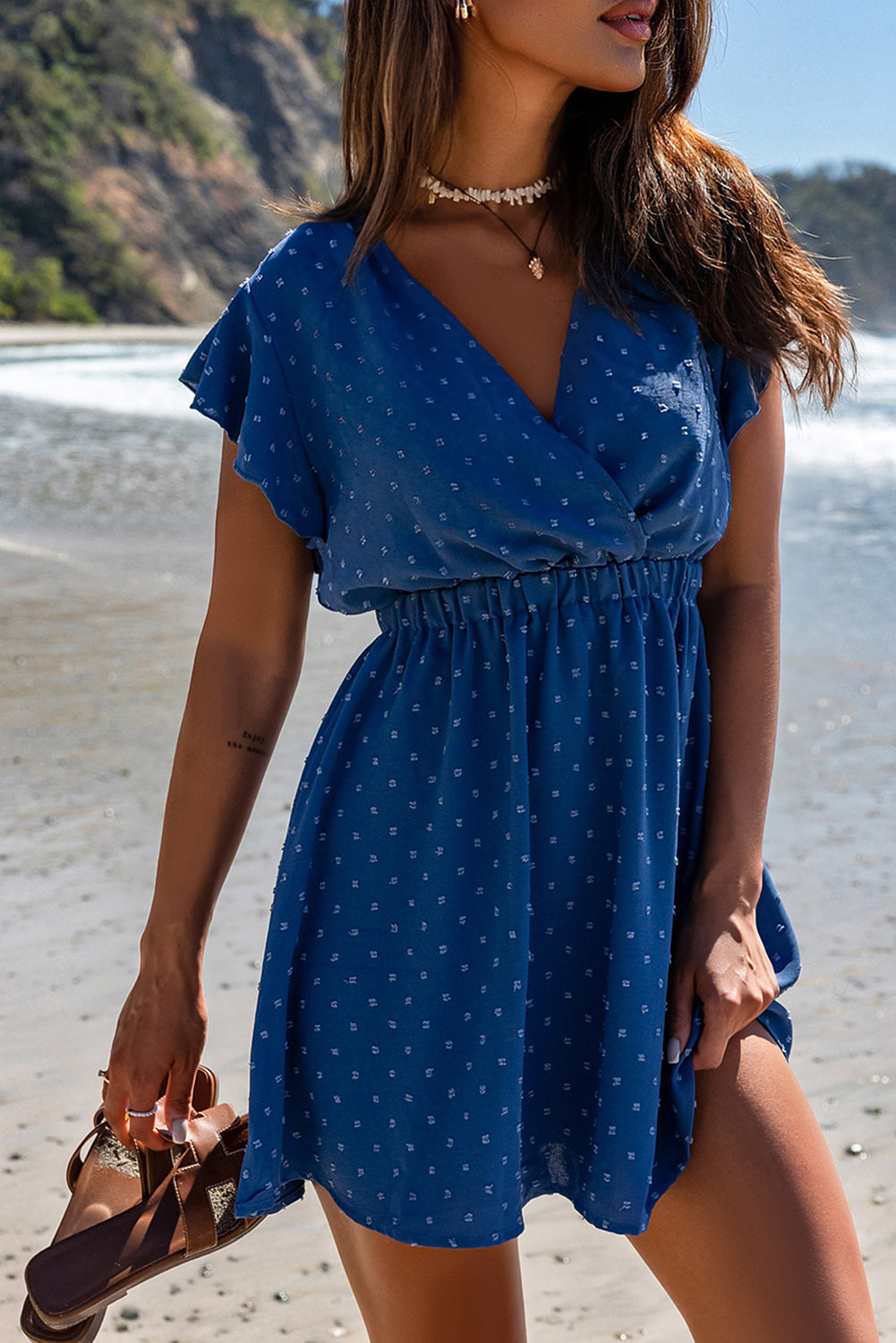 Sky Blue Swiss Dot V Neck Wrap Beach Dress