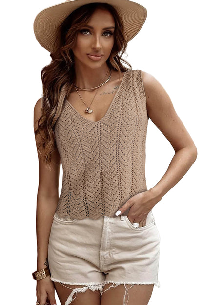 Pale Khaki Scalloped Hem V Neck Crochet Knit Tank Top