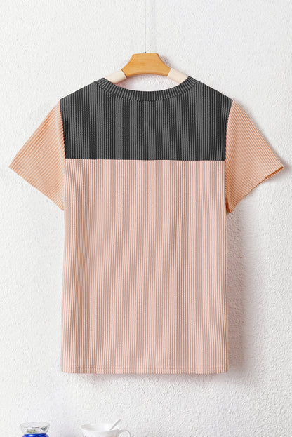 Light Blue Rib Textured Colorblock Round Neck T Shirt