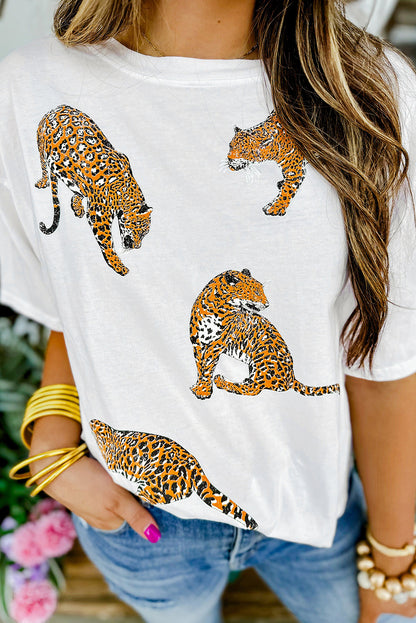 White Animal Print Round Neck T Shirt