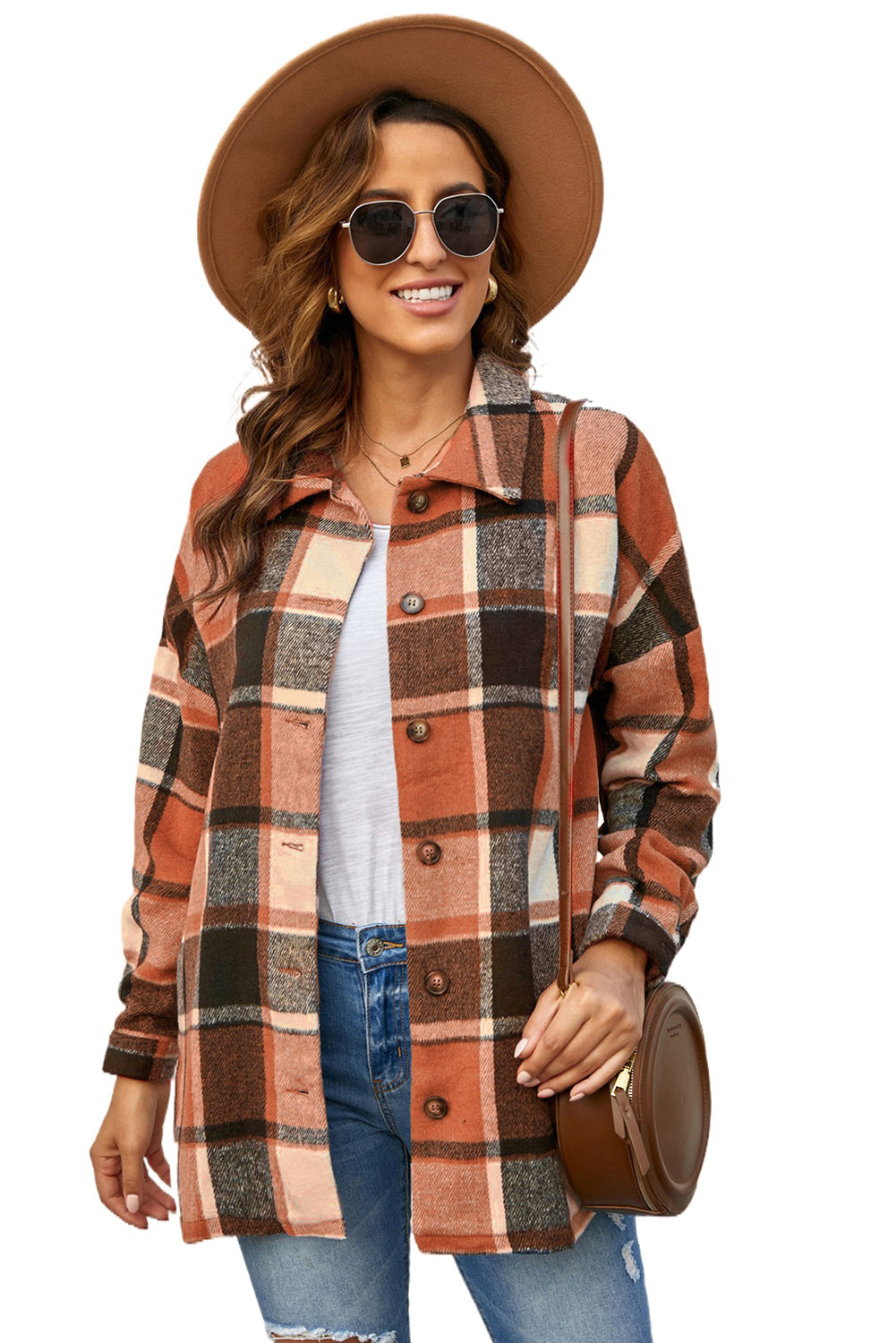 Wholesale Brown Plaid Button Up Long Sleeve Flannel Shacket