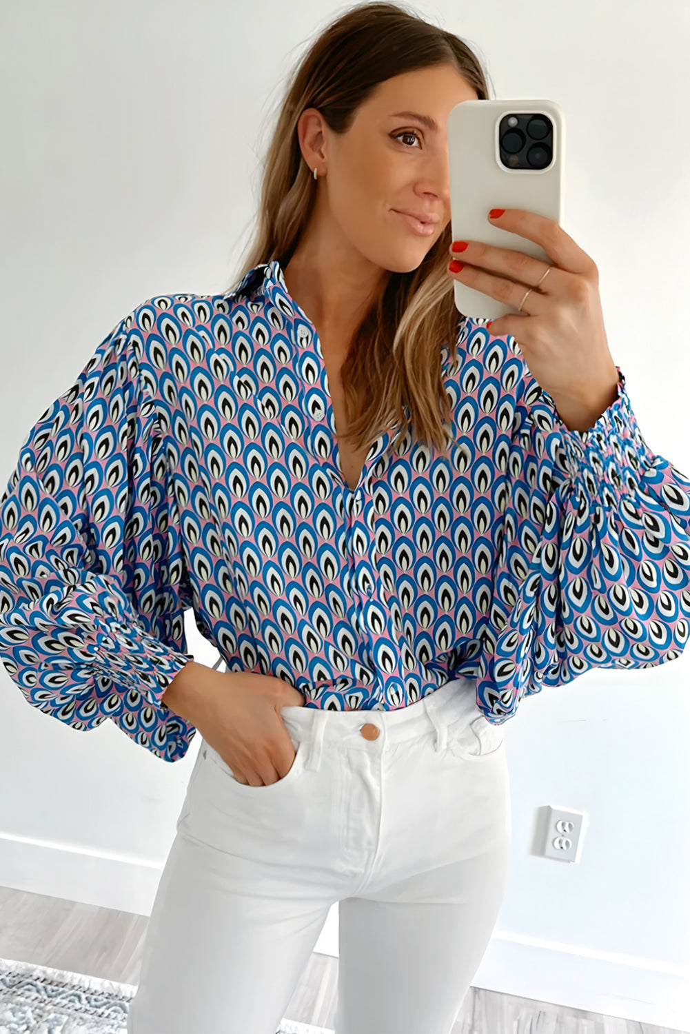 Sky Blue Abstract Print Collared Lantern Sleeve Shirt