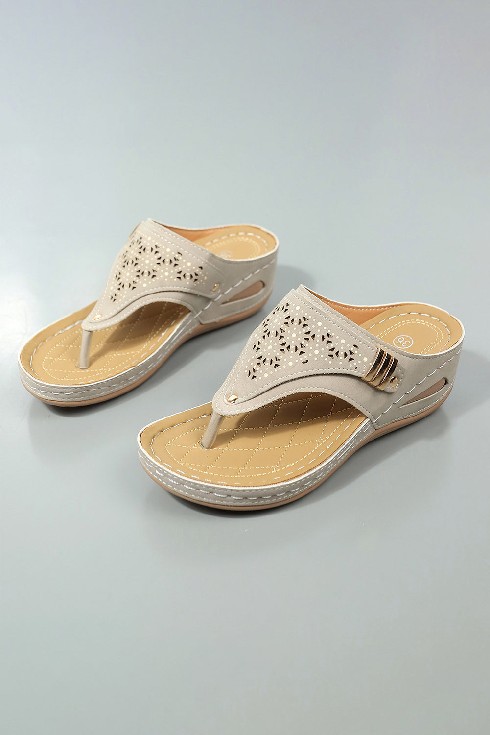 Beige Hollow Out Toe Post Thong Wedge Slides Shoes