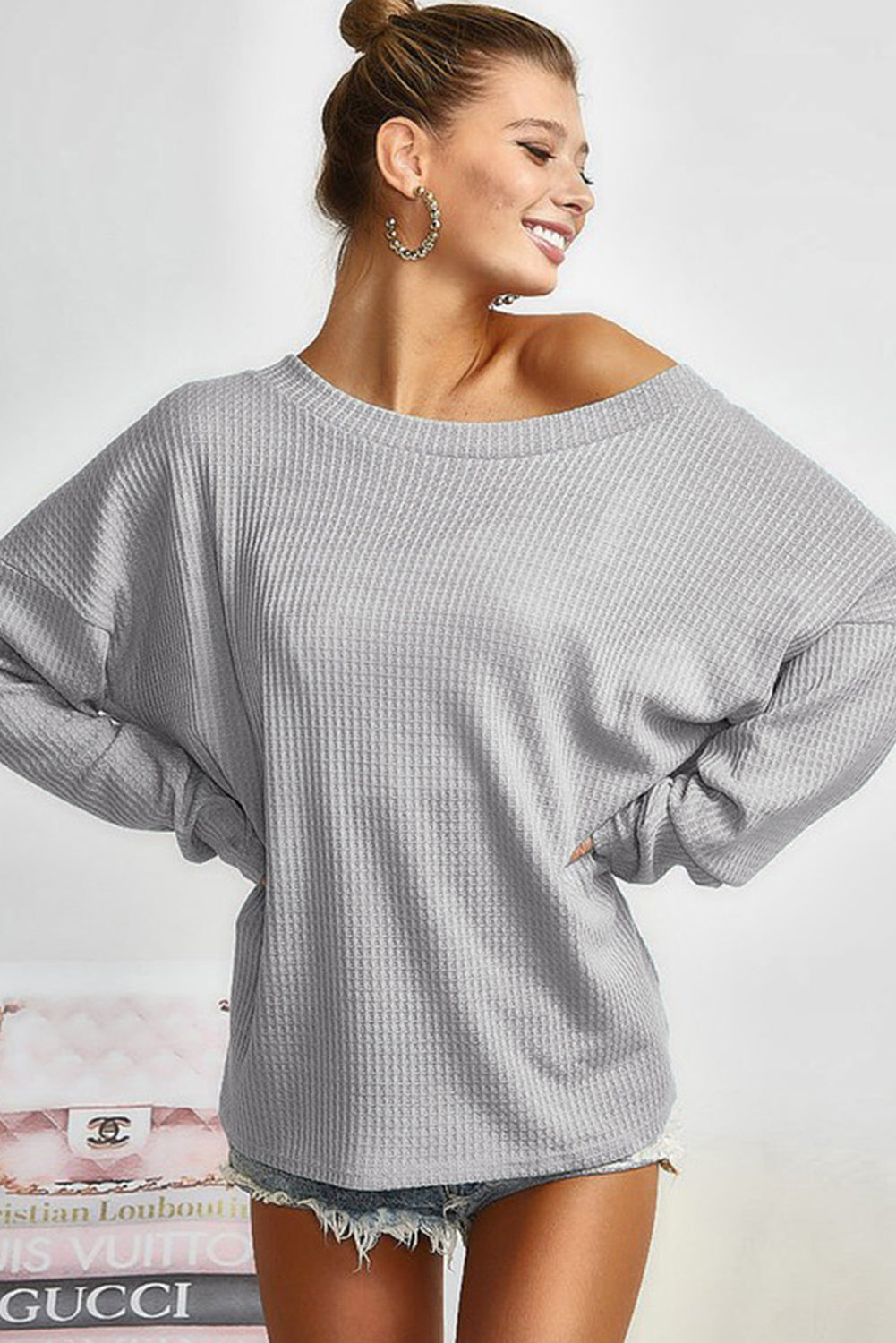 Grey Waffle Knit Cinched Backless Drop Shoulder Long Sleeve Top