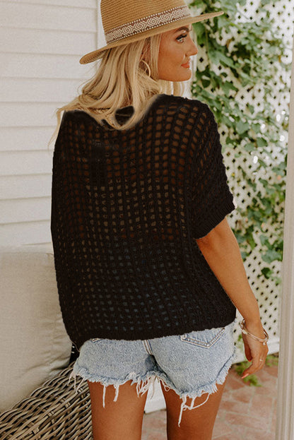 Apricot Fishnet Knit Ribbed Round Neck Short Sleeve Tee