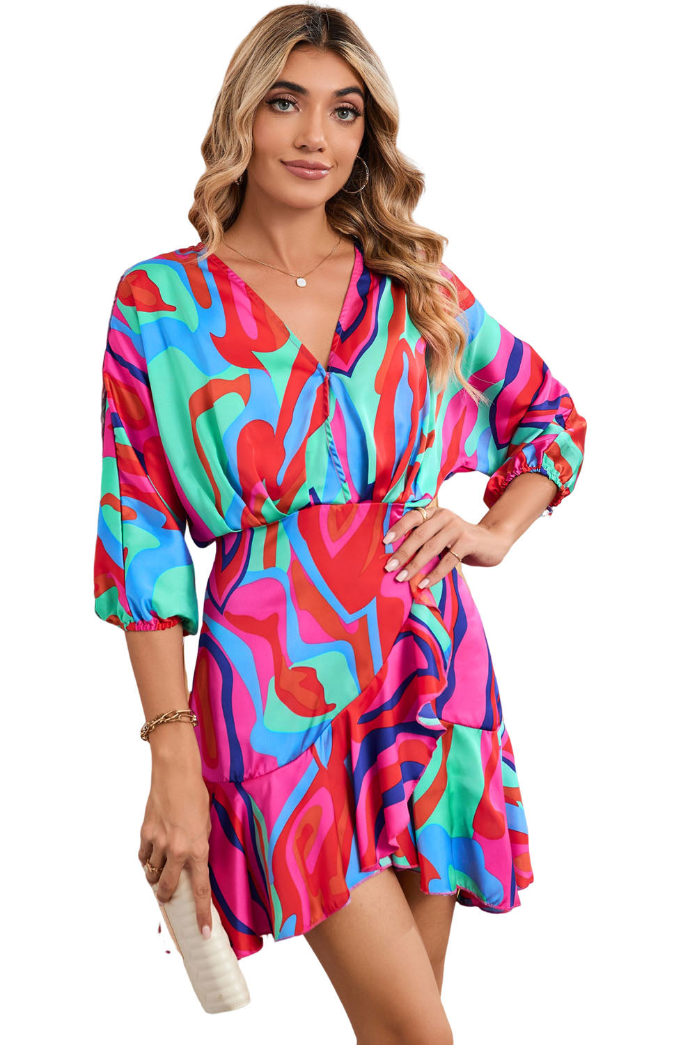 Wholesale Multicolor Abstract Printed V Neck Dolman Sleeve Ruffle Wrap Dress