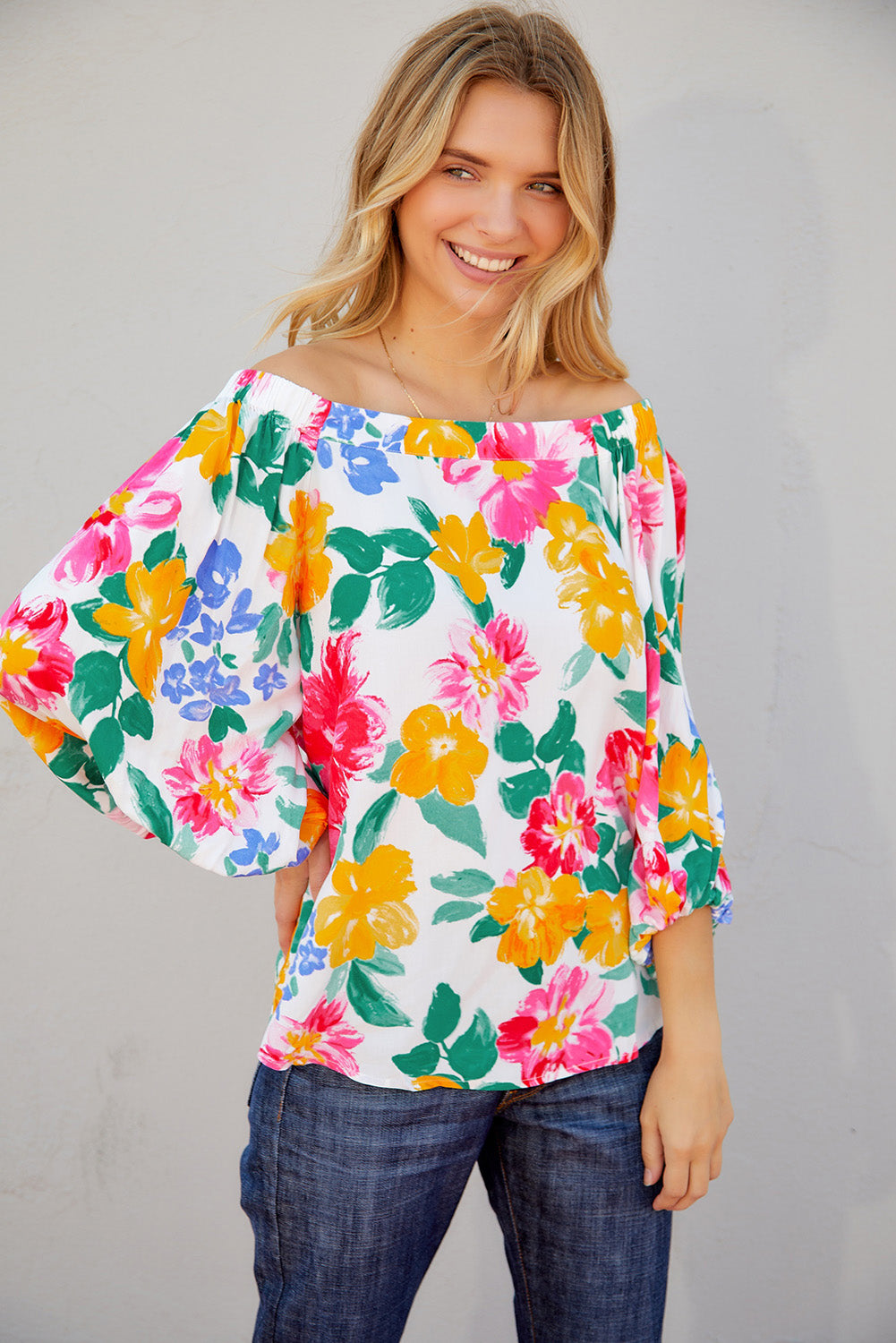 Watercolor Bohemian Flower Print Off Shoulder Blouse