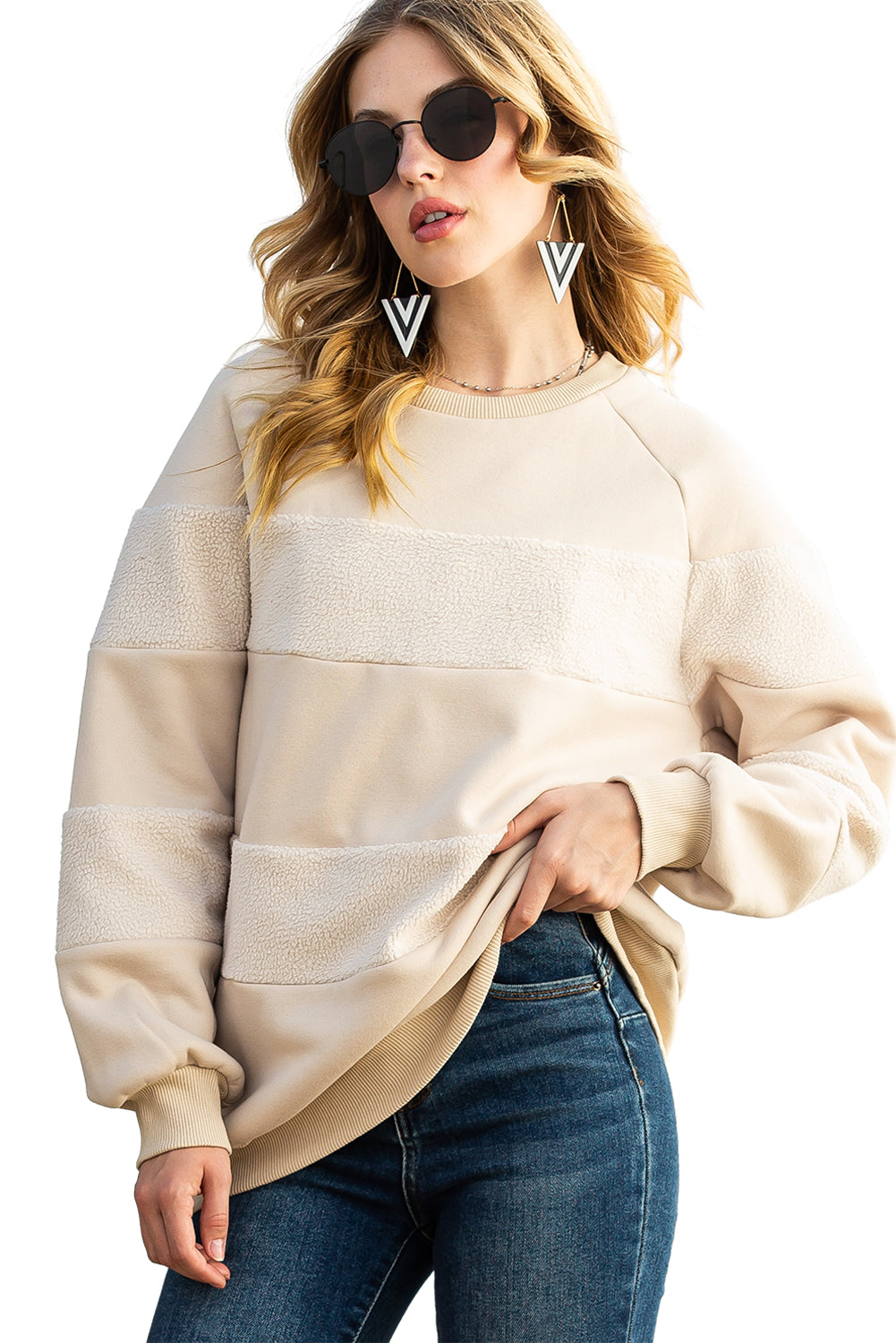 Oatmeal Striped Long Sleeve Pullover Sweatshirt