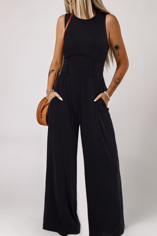 Black Plain Sleeveless Cinched Waist Wide Leg Jumpsuit