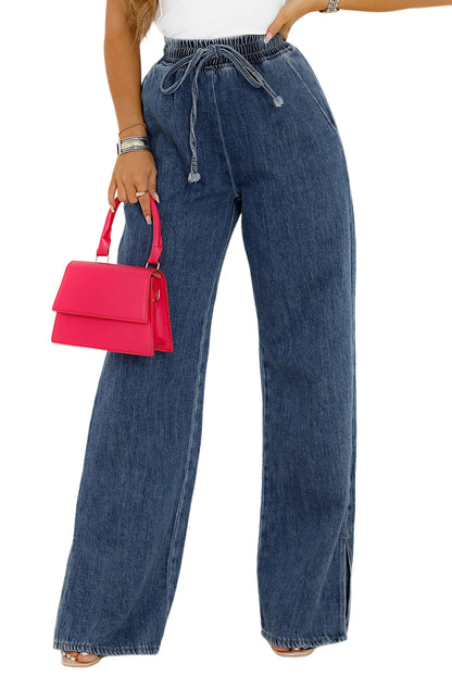 Dark Blue Drawstring Elastic Waist Wide Leg Jeans