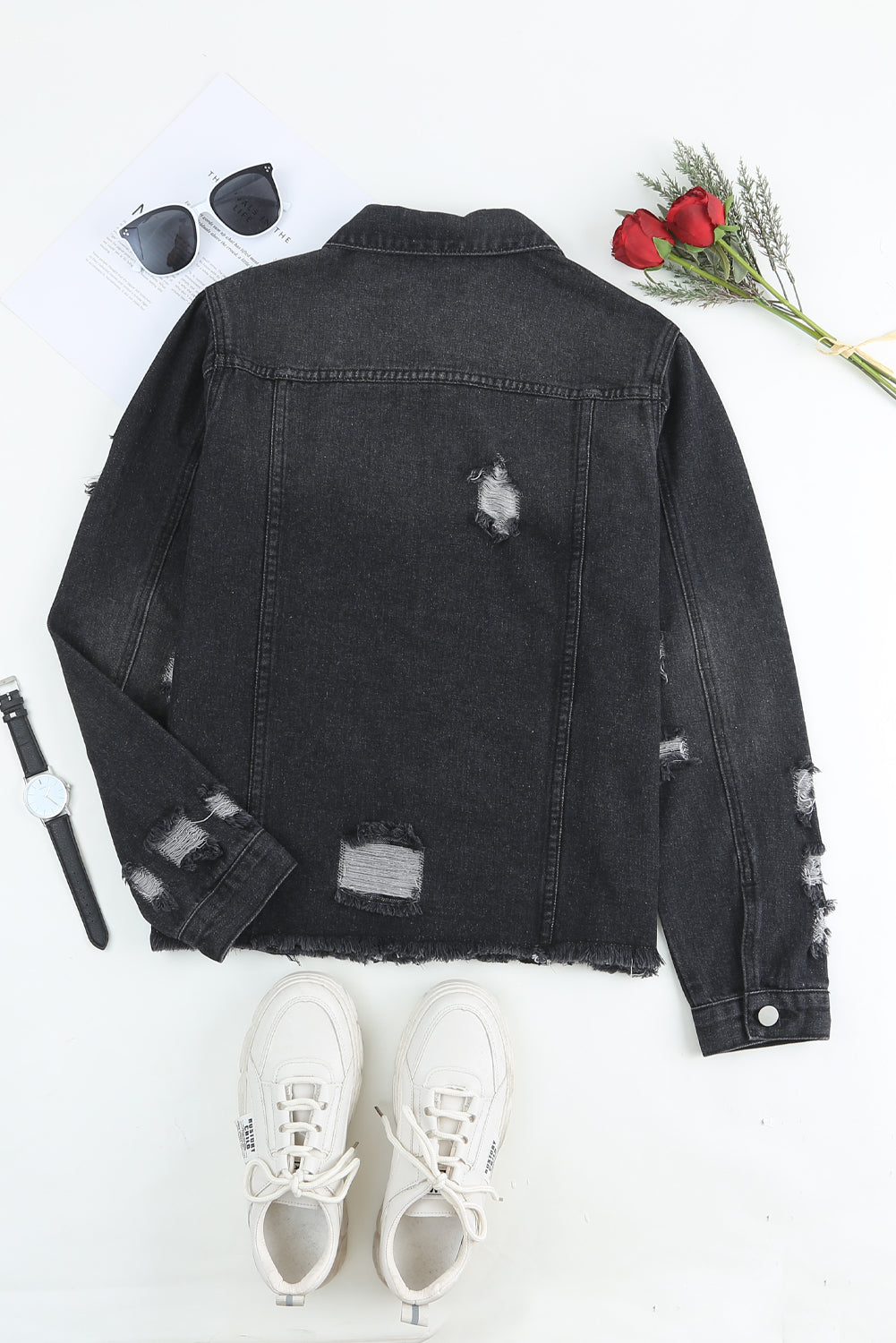 Black Casual Distressed Raw Hem Buttons Denim Jacket