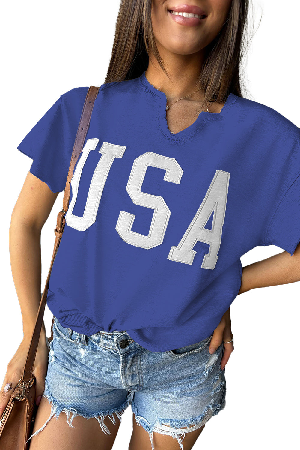 Dark Blue USA Lettering Patch Notched Neck Loose Tee