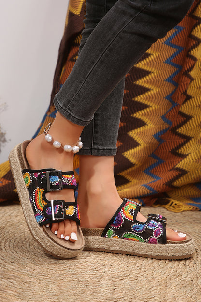 Black Sequin Paisley Print Double Buckle Slides Shoes