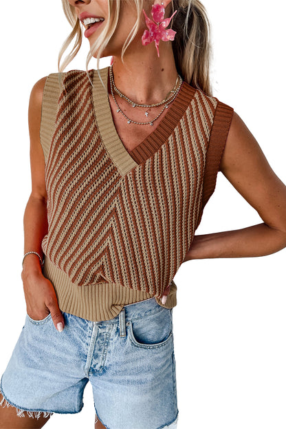 Light Beige Contrast Chevron V Neck Knitted Vest