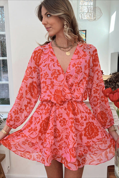 Red Floral Print Wrap V Neck Long Sleeve Boho Dress