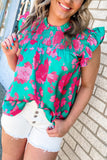 Green Floral Print Ruffled Flutter Shoulder Smocked Blouse