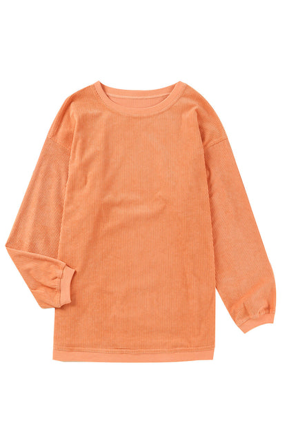 Orange Plain Drop Sleeve Rib-Knit Oversized Sweatshirt