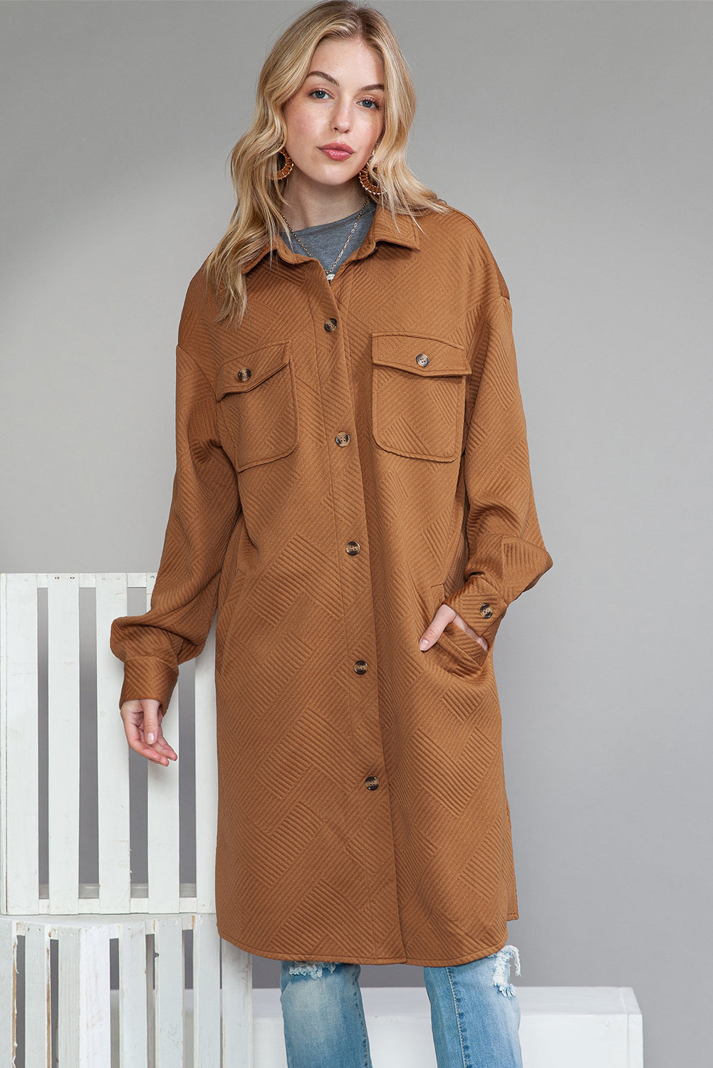 Chestnut Thermal Textured Pockets Long Shacket