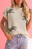 Wholesale Apricot Cheetah Pattern Mock Neck Short Sleeve Sweater