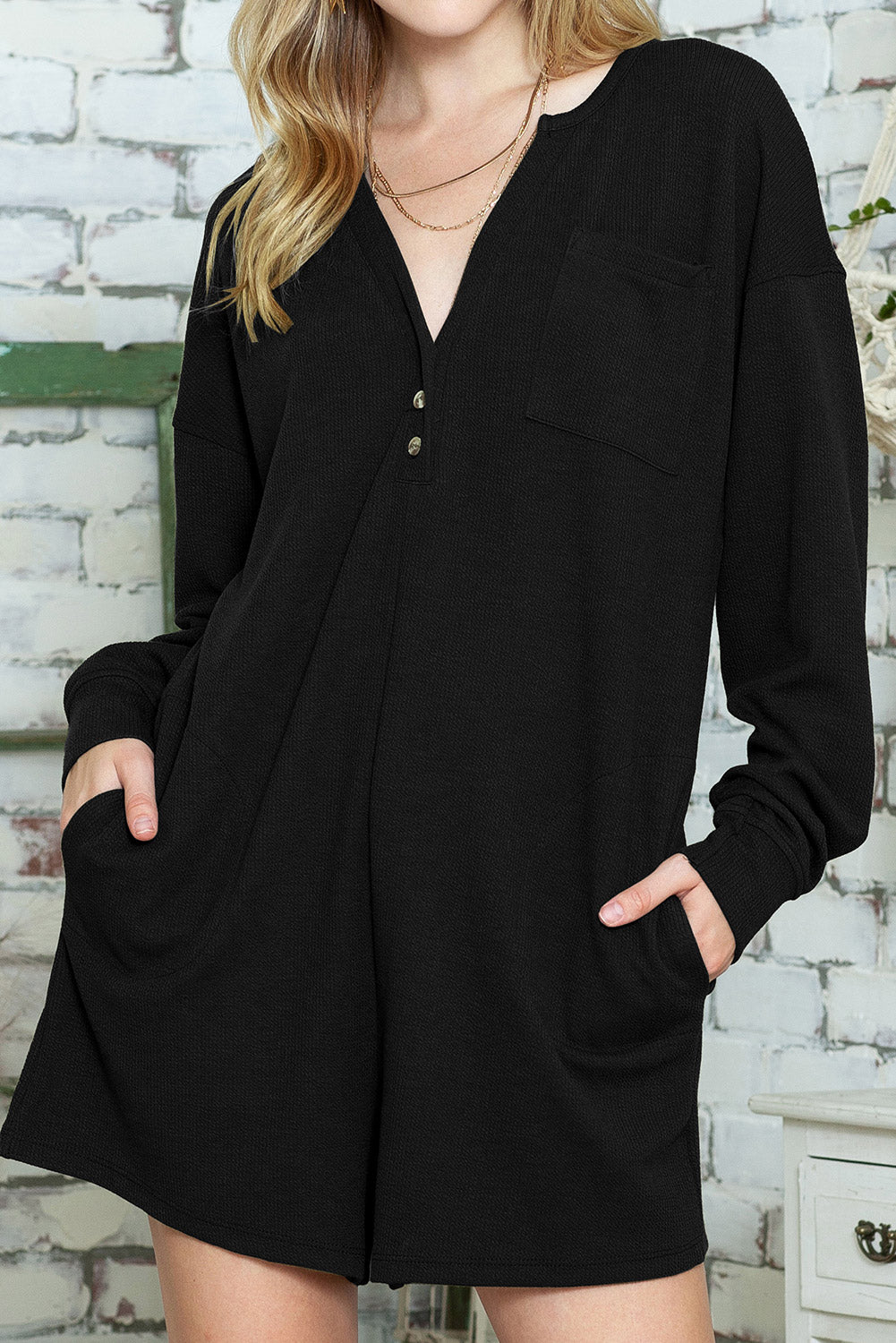 Black Casual Henley Button V Neck Pocketed Romper