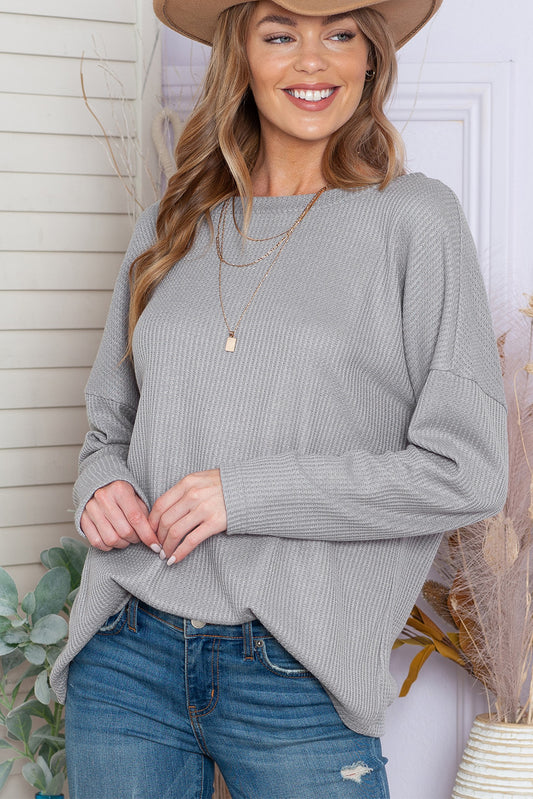 Grey Waffle Knit Cinched Backless Drop Shoulder Long Sleeve Top