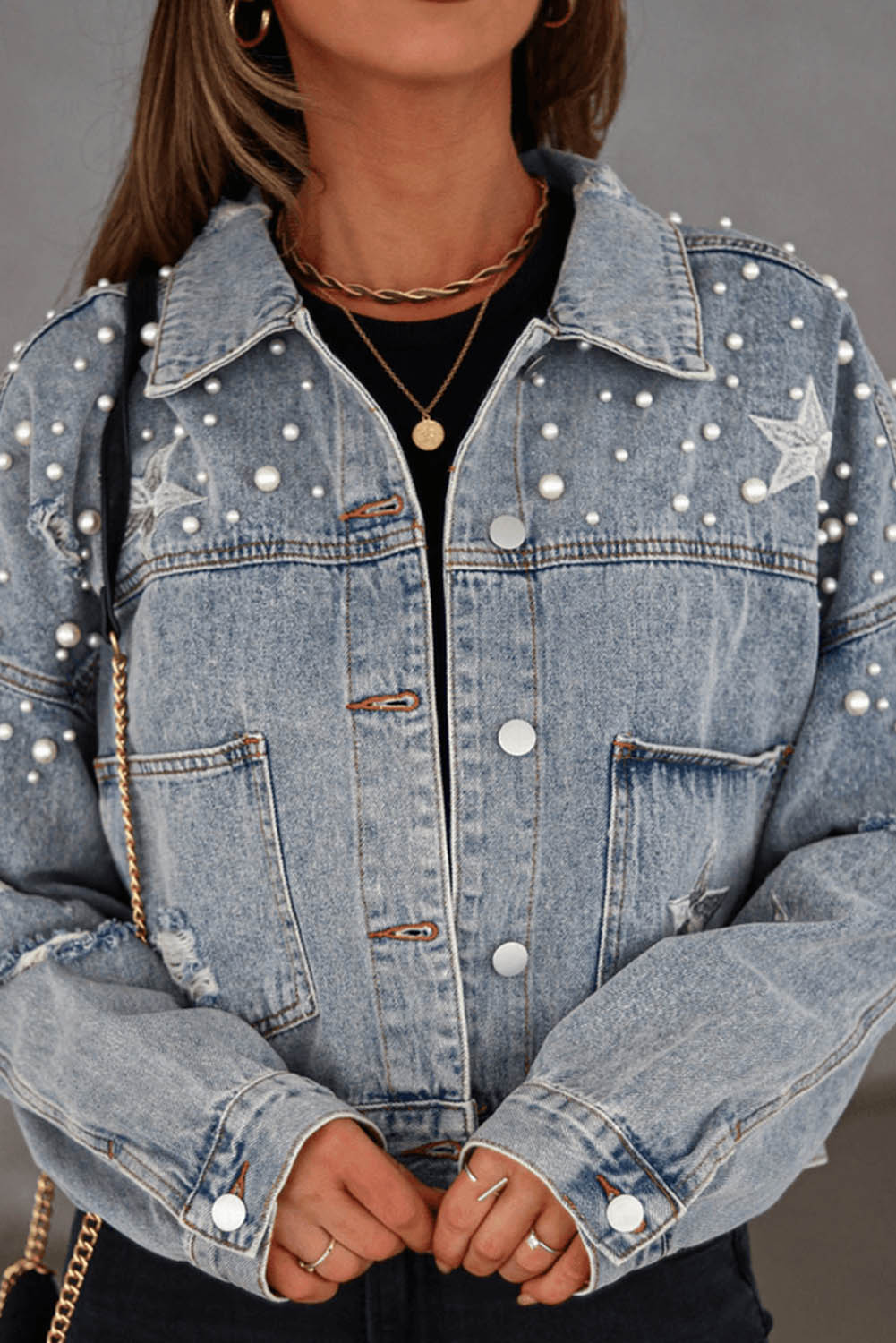 Wholesale Sky Blue Distressed Pearls Star Cropped Denim Jacket