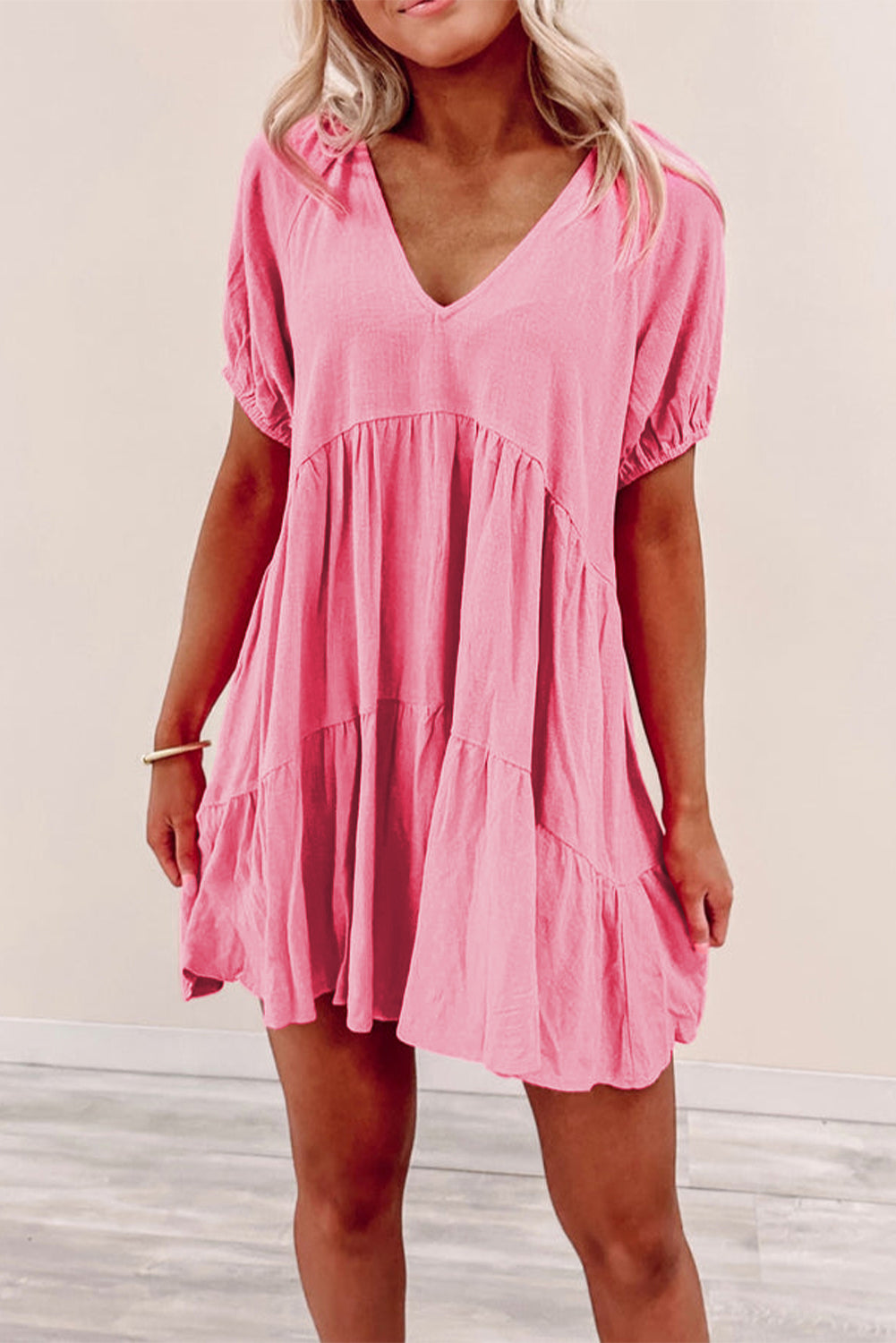 Strawberry Pink Puff Sleeve V Neck Tiered Swing Dress