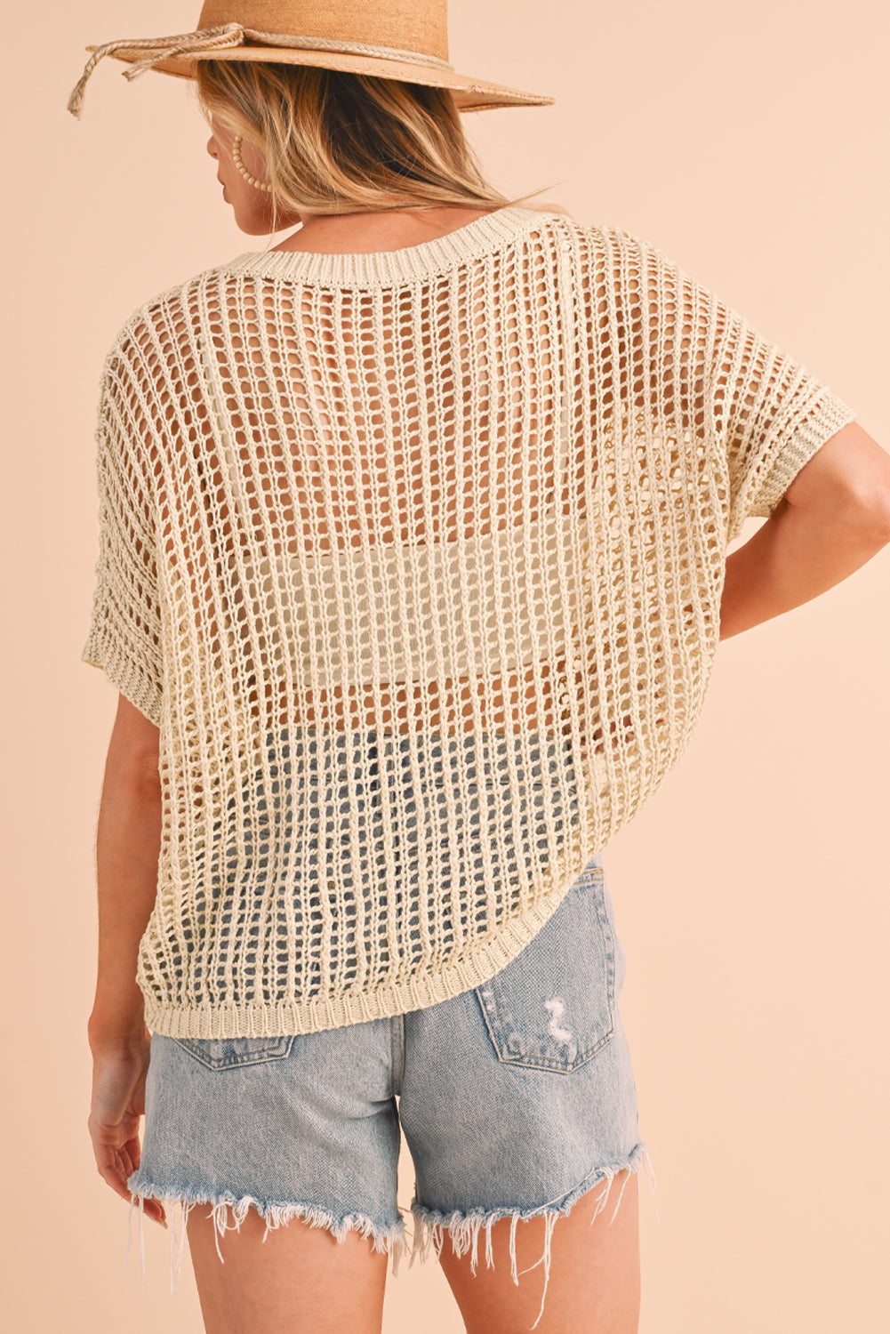 Apricot Fishnet Knit Ribbed Round Neck Short Sleeve Tee