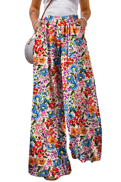 Multicolor Floral Print Pocketed Wide Leg Oversized Pants