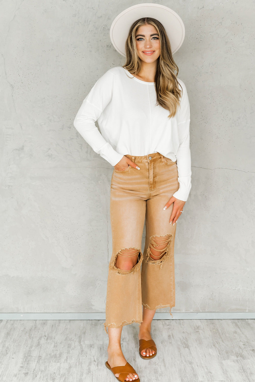 Brown Distressed Hollow-out High Waist Flare Jeans