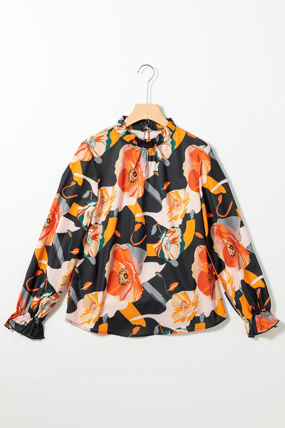 Black Floral Frilled Neck Peasant Sleeve Blouse