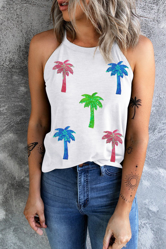 White Sequin Coconut Tree Graphic Halter Neck Tank Top