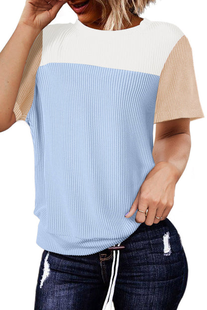 Light Blue Rib Textured Colorblock Round Neck T Shirt