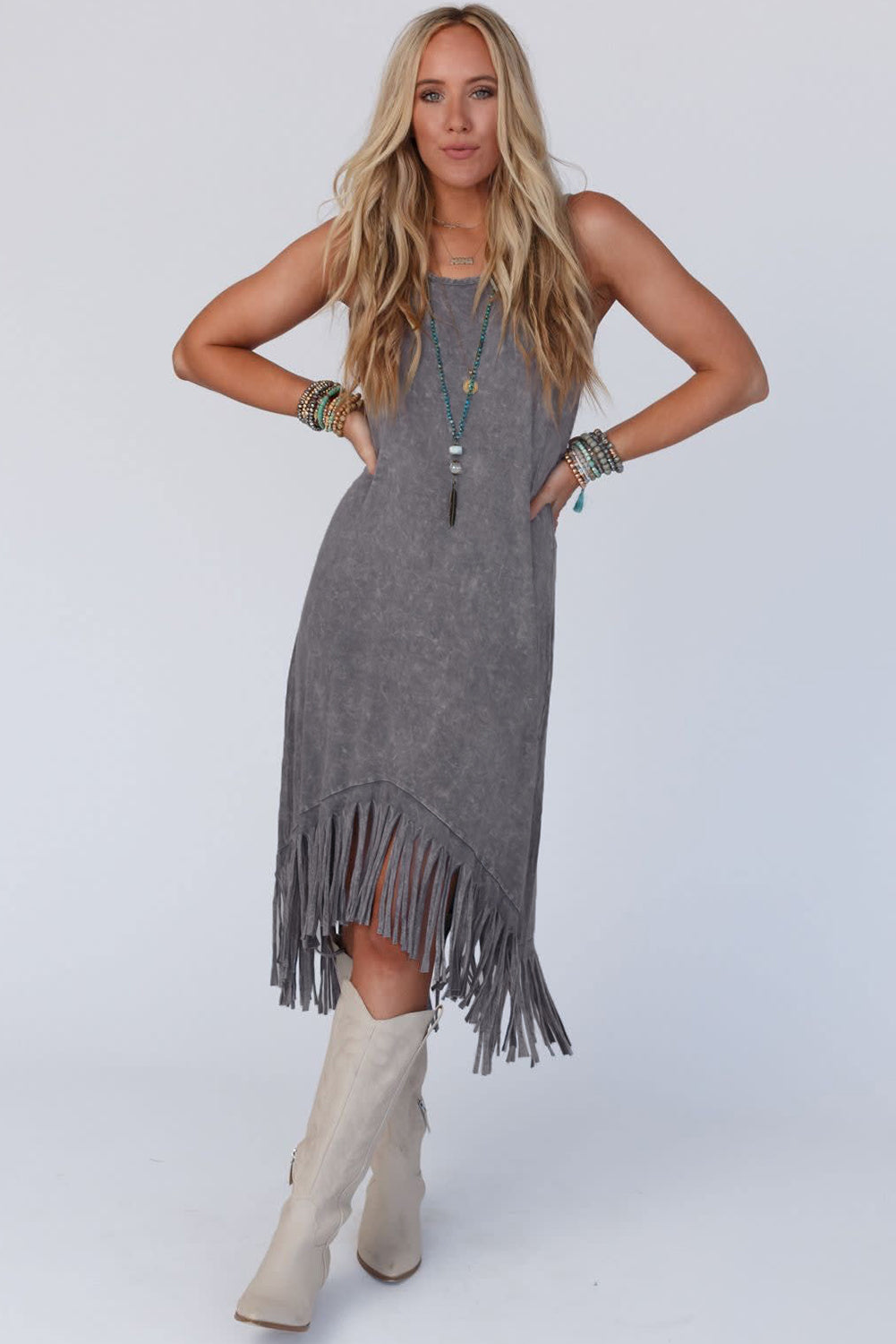 Gray Washed Sleeveless Fringe High Low Hem Maxi Dress