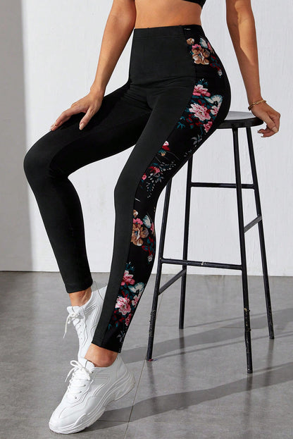 Black Floral Print Patch High Waist Leggings