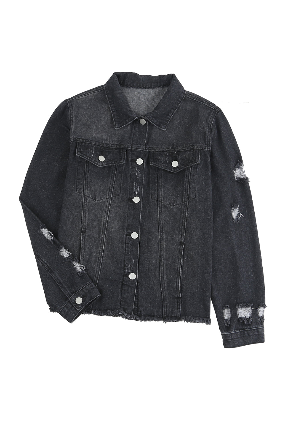 Black Casual Distressed Raw Hem Buttons Denim Jacket