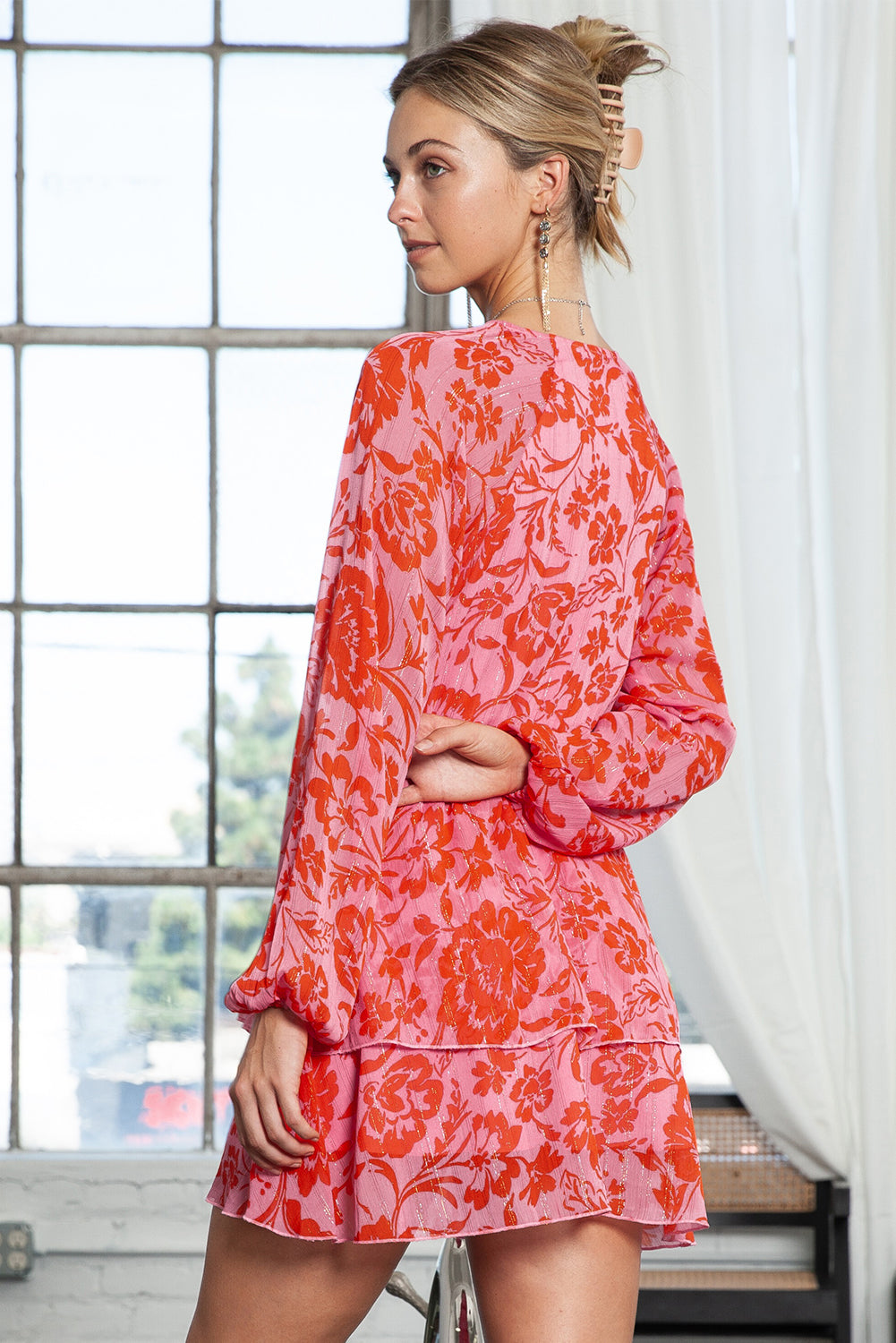 Red Floral Print Wrap V Neck Long Sleeve Boho Dress