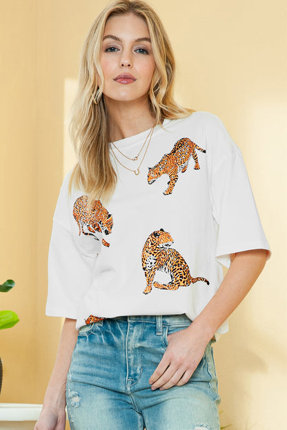 White Animal Print Round Neck T Shirt