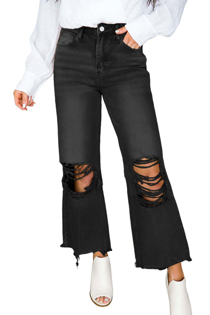 Brown Distressed Hollow-out High Waist Flare Jeans