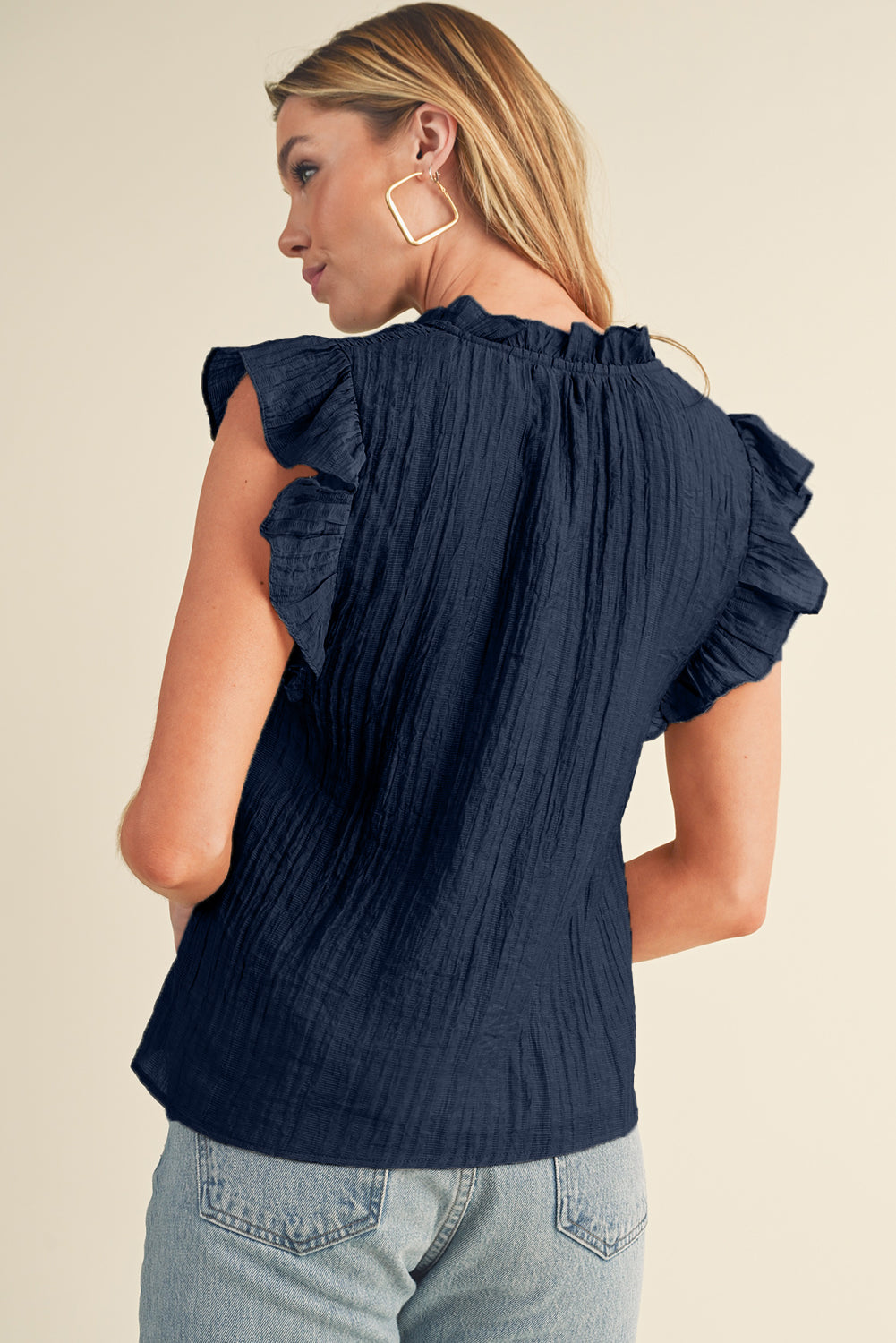 Navy Blue V Neck Flutter Shoulder Textured Blouse