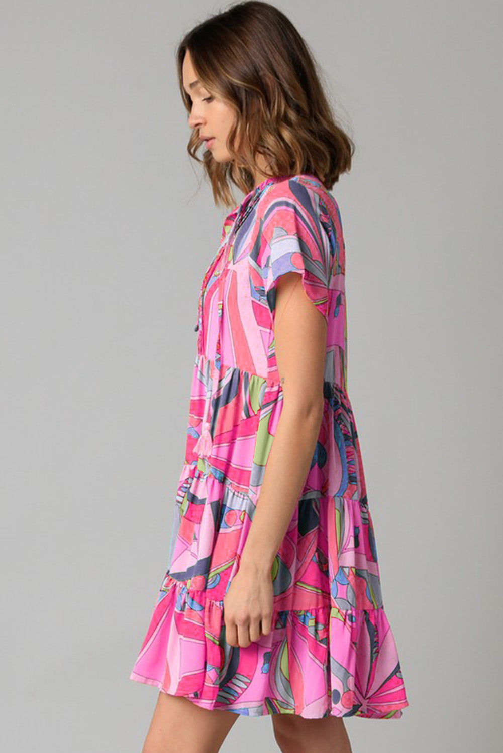 Pink Abstract Print Split V Neck Short Sleeve Tiered Dress