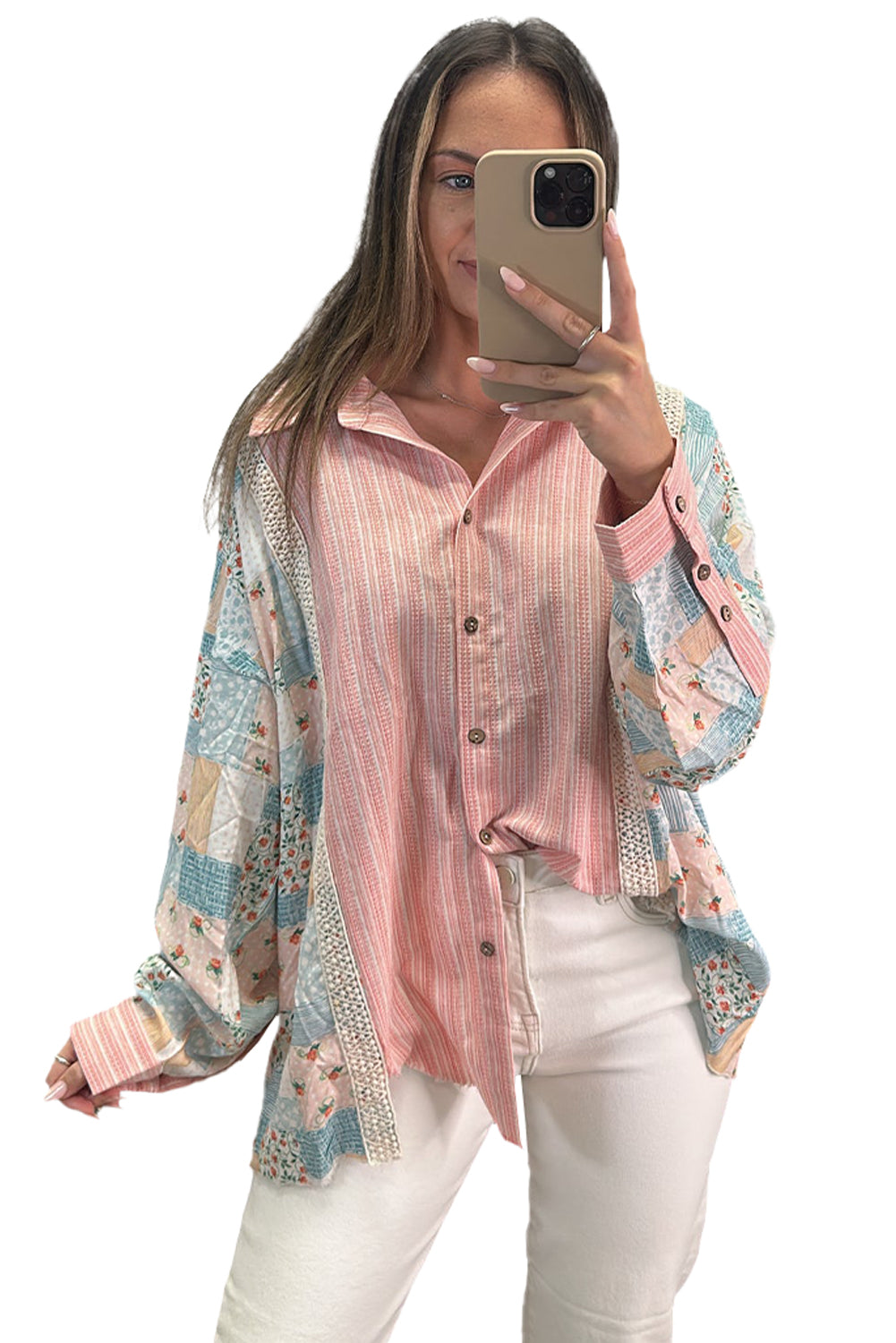 Pink Stripe Floral Patchwork Loose Fit Shirt