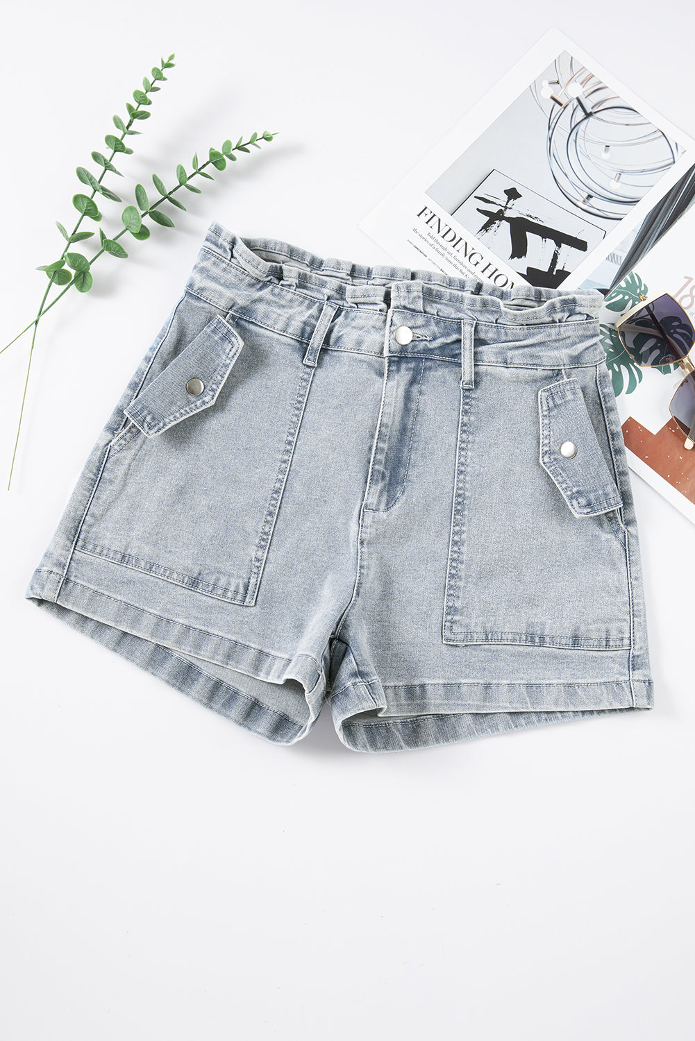 Beau Blue Ruffled High Waist Flap Pockets Denim Shorts